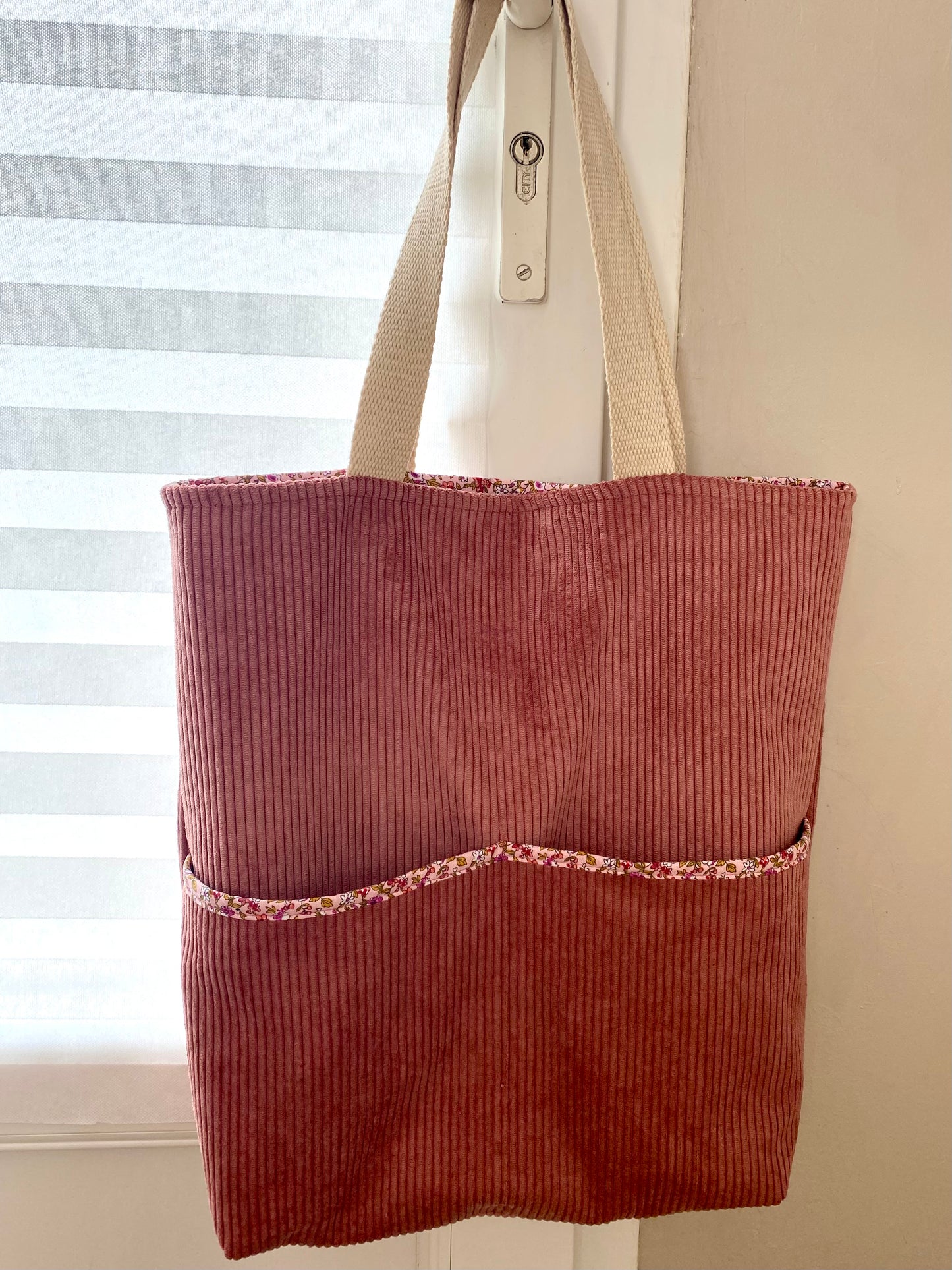 Tote bag velours côtelé vieux rose